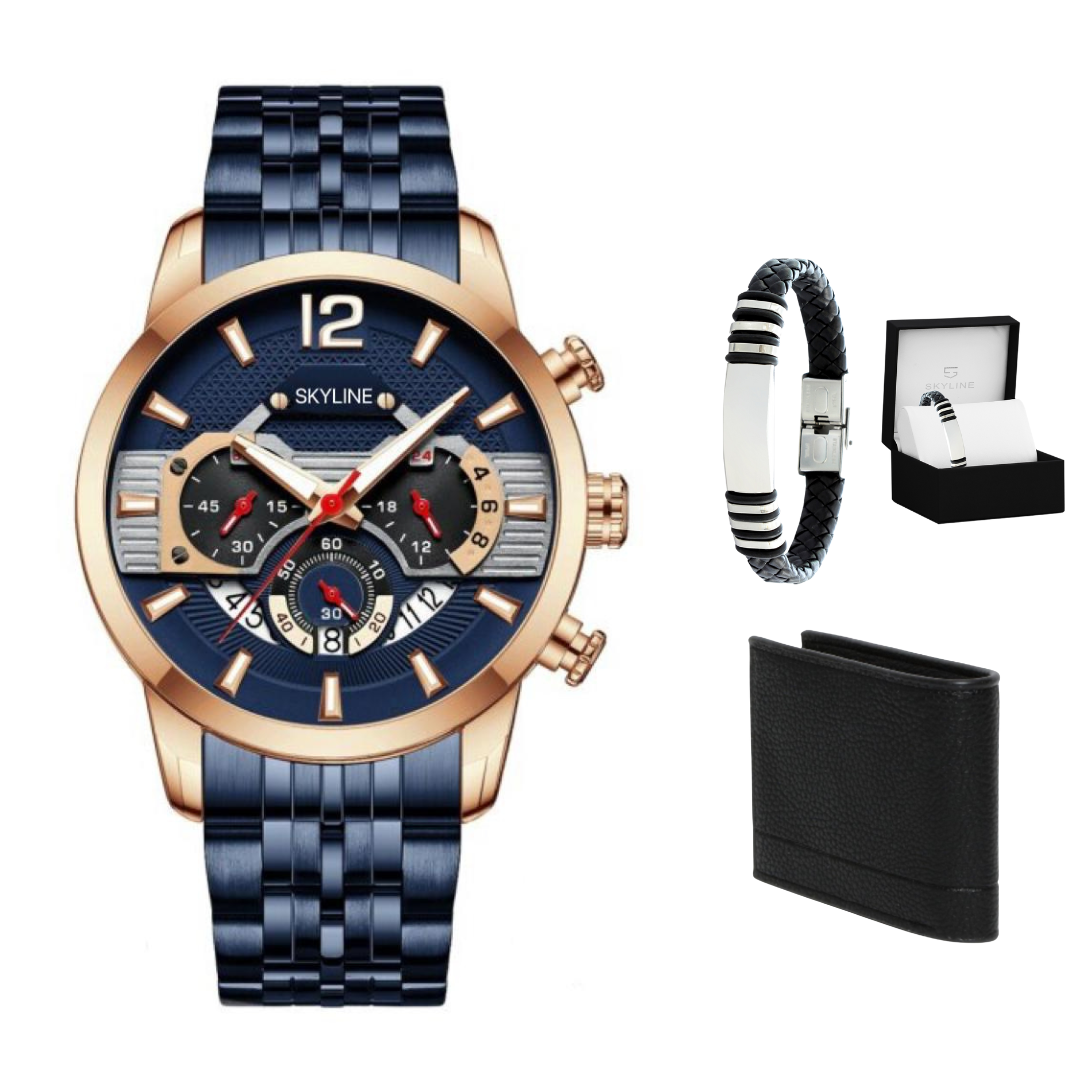 Cronógrafo Skyline 360 Acero Inoxidable +Pulsera de Obsequio y Billetera